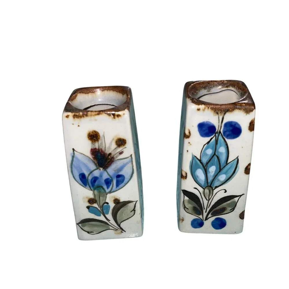 Ken Edwards Vintage Tonala Ceramic Pottery Bud Vase Floral Set of 2 Signed